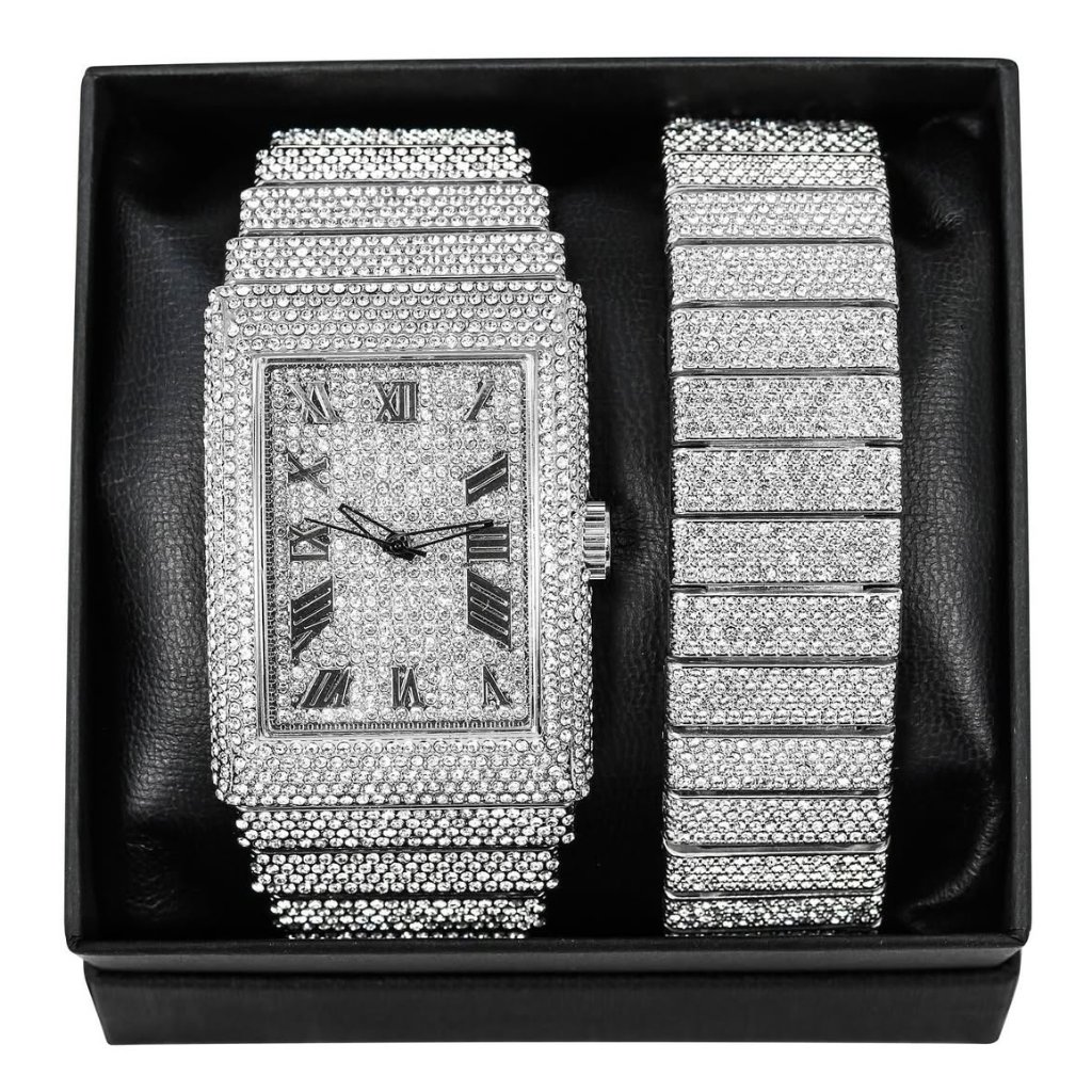 18k GoldWhite Gold Roman Numeral Square IcedOut Custom Watch Set With Bracelet